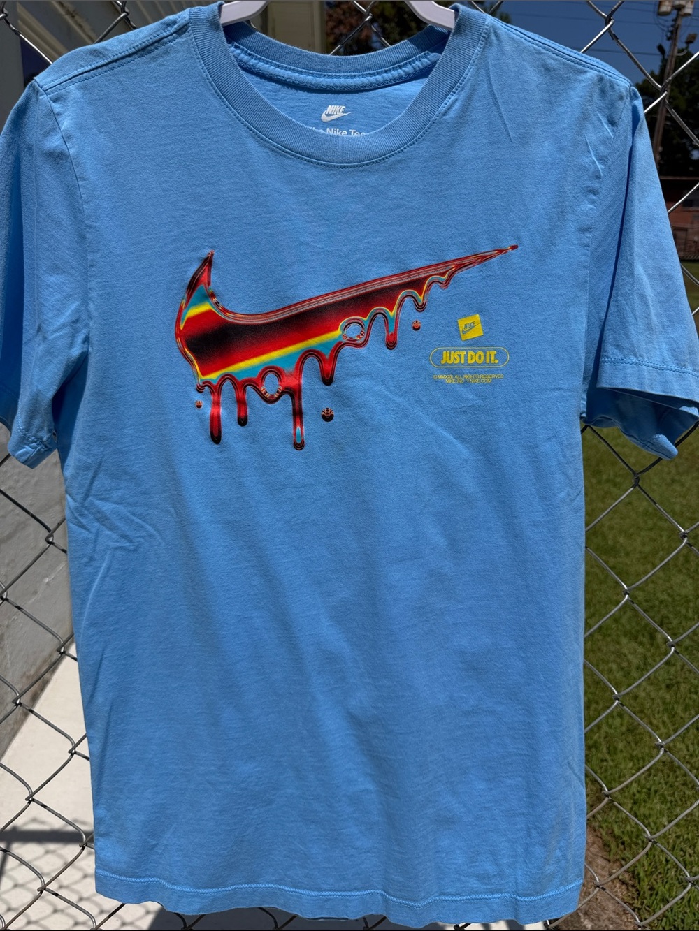 Nike Light Blue Short Sleeve T-Shirt with Dripping Multicolor Swoosh